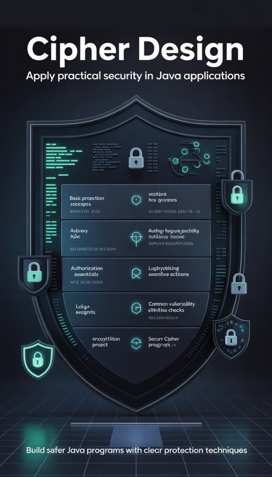 Shield design with security icons and text about applying practical security in Java applications.