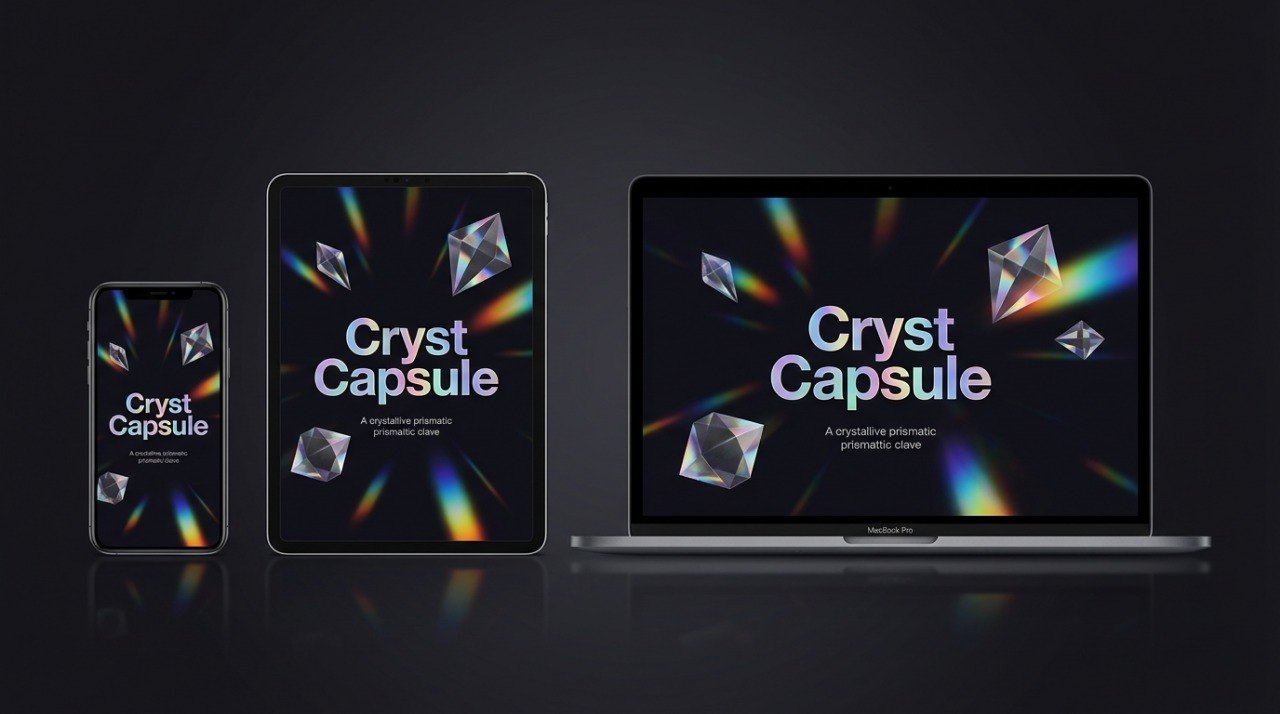 Laptop, tablet, and smartphone displaying 'Crystl Capsule' on a dark background