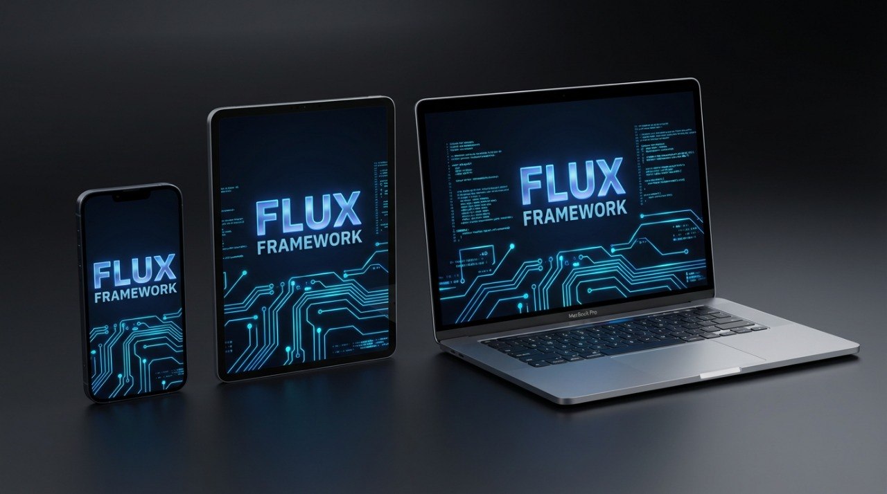 Laptop, tablet, and smartphone displaying 'FLUX FRAMEWORK' on a dark background