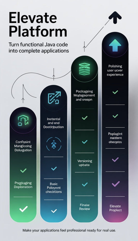 Diagram of software development process with icons and text on a gradient background