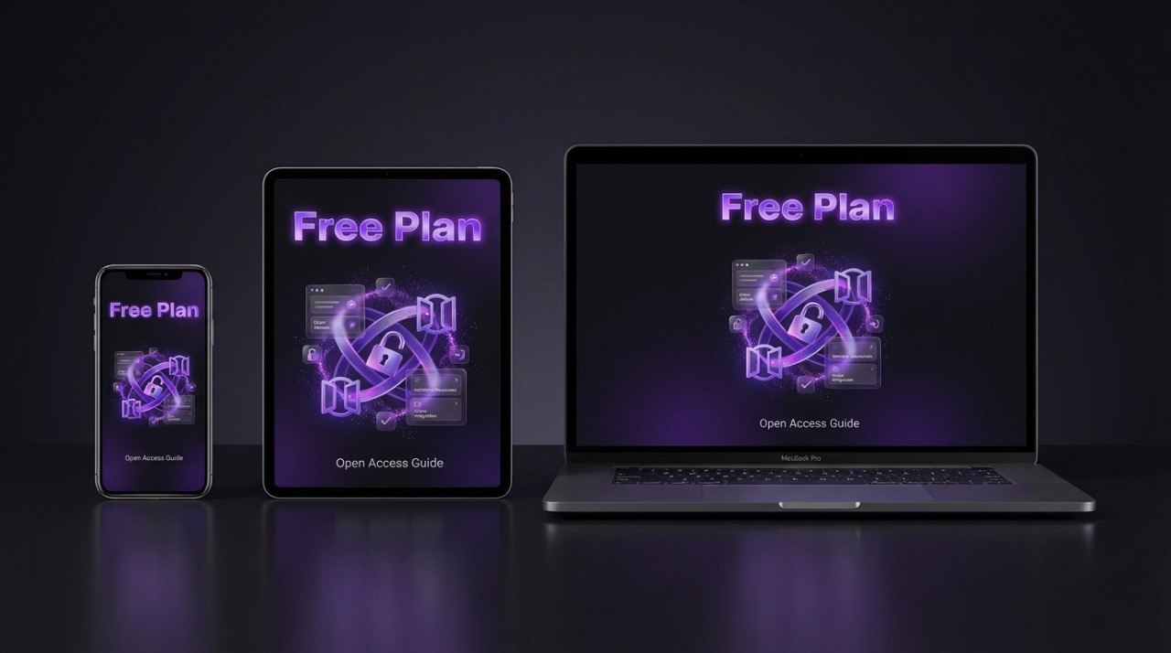 Laptop and phone displaying 'Free Plan' on a dark background