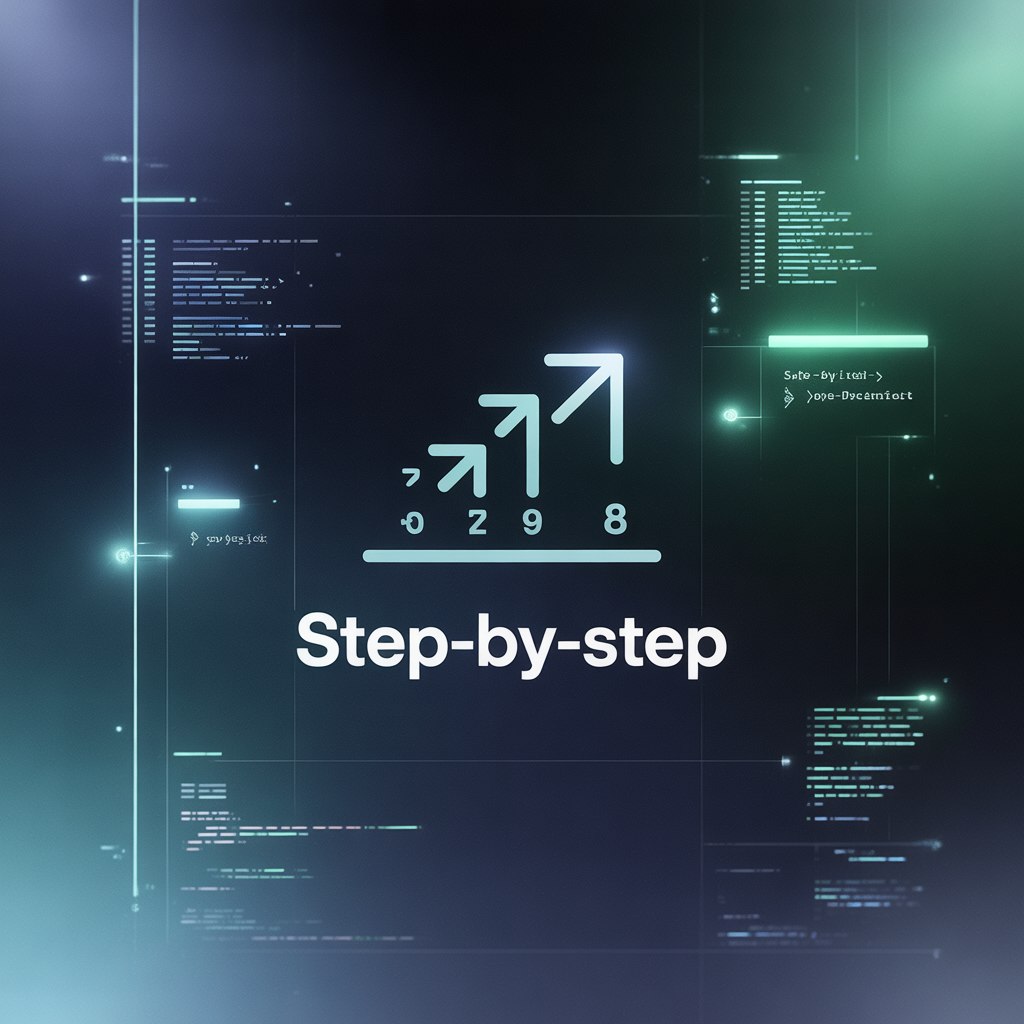 Digital interface with code snippets and 'Step-by-step' text on a dark background