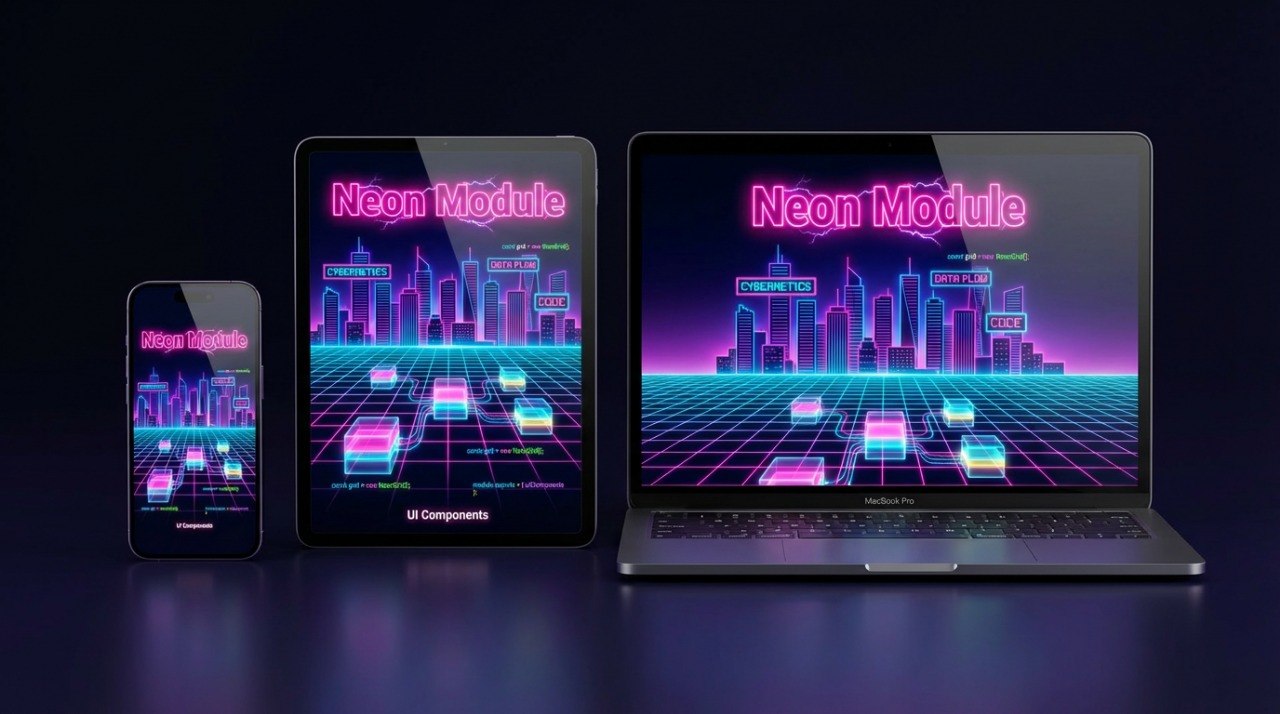 Neon-themed devices with cityscape display on a dark background